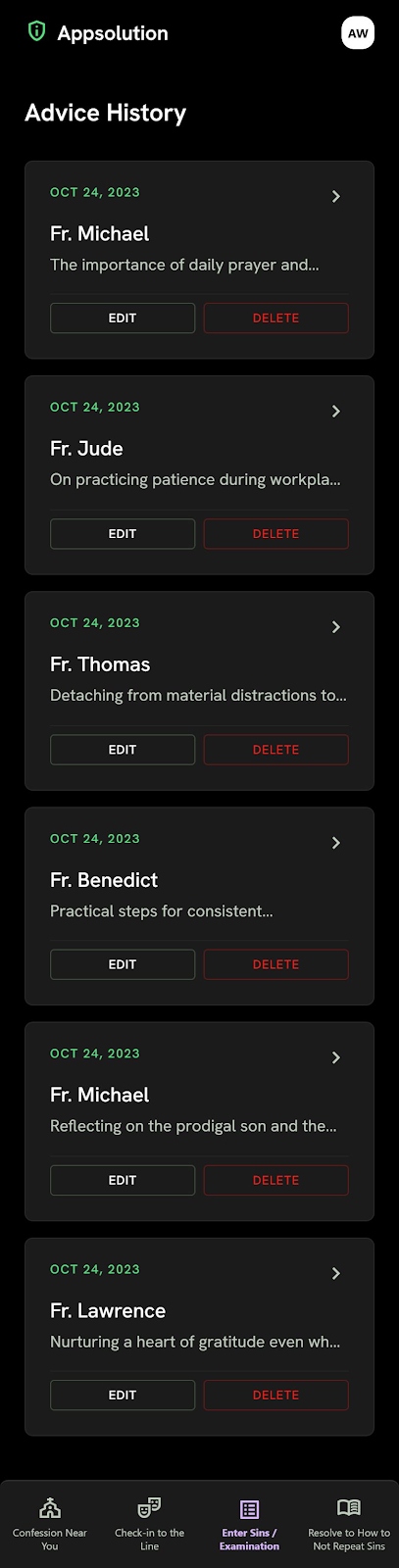 Appsolution 'Advice History' screen with a list of past counsel from Fr. Michael, Fr. Jude, Fr. Thomas and others.