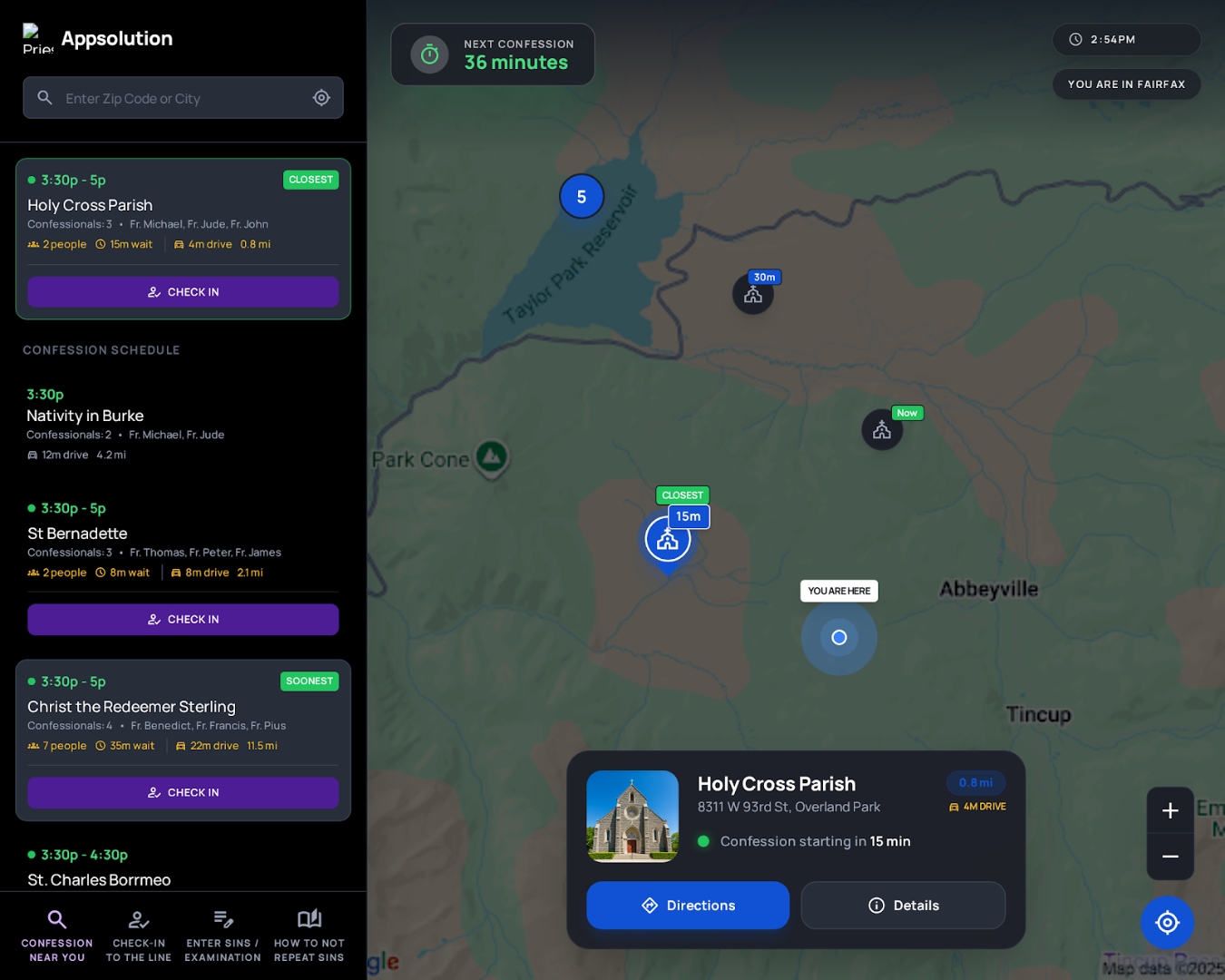 Appsolution 'Confession Near You' screen showing a map of nearby parishes with next Confession times, wait estimates and drive distances.