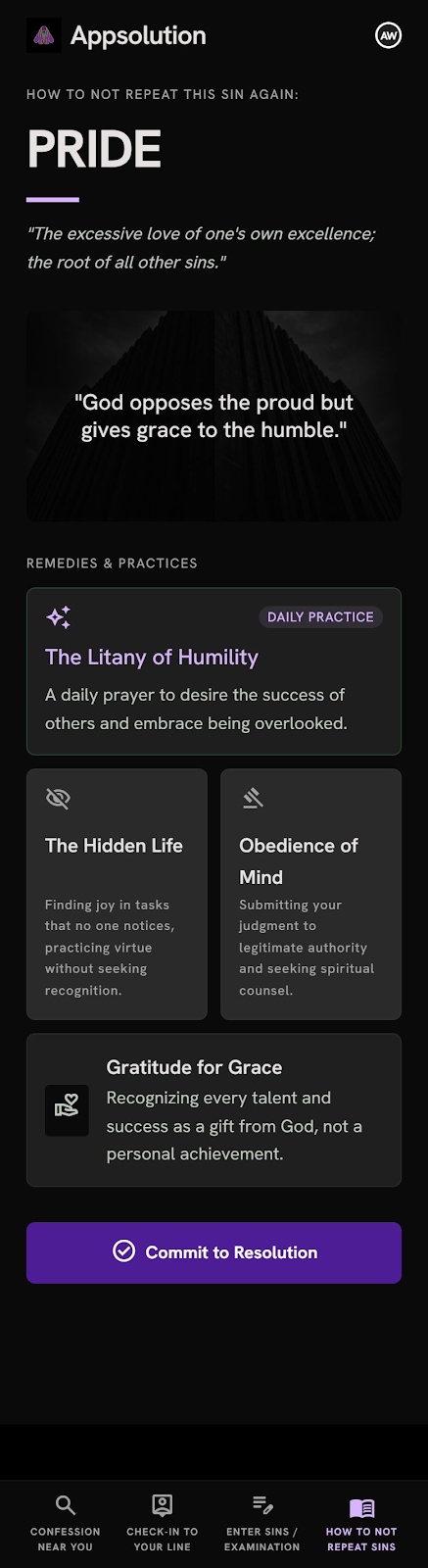 Appsolution 'How to not repeat this sin: Pride' screen with the Litany of Humility, Hidden Life, Obedience of Mind and Gratitude for Grace remedies.