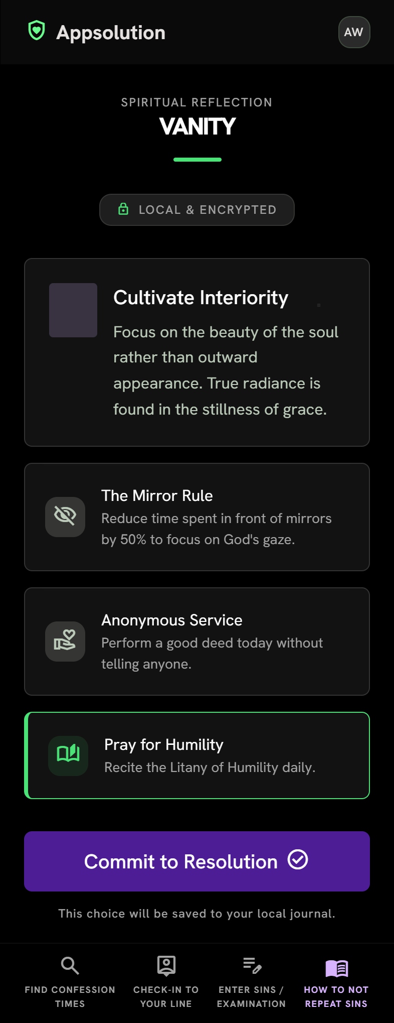 Appsolution 'Spiritual Reflection: Vanity' screen with Cultivate Interiority, The Mirror Rule, Anonymous Service and Pray for Humility remedies.